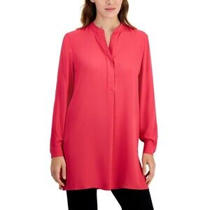 Anne Klein Women's Split-Neck Long-Sleeve Nehru Tunic, Rich Camellia, M